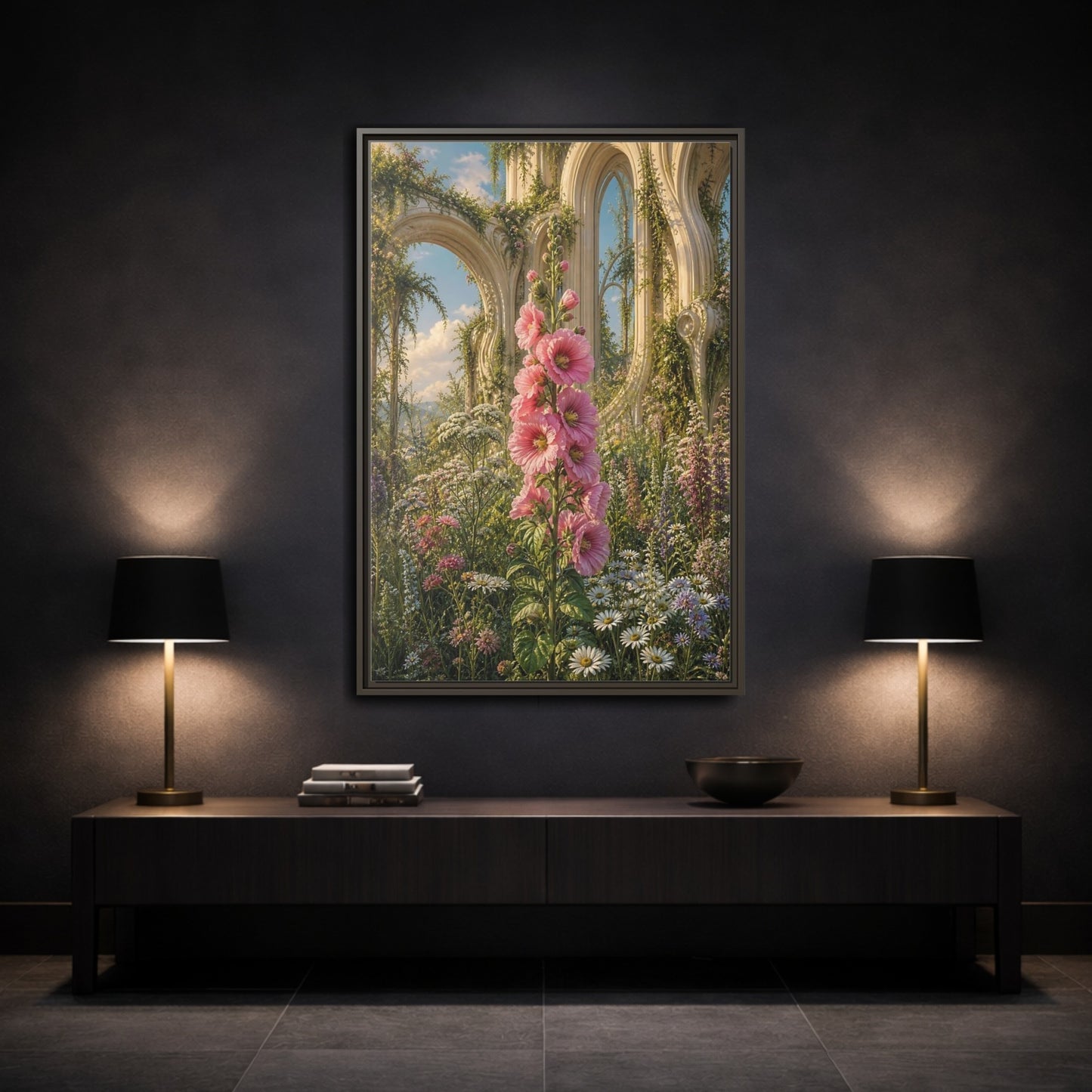 Floral Pink Hollyhocks Garden Framed Canvas Wall Art - Romantic Living Room shown as canvas wall art