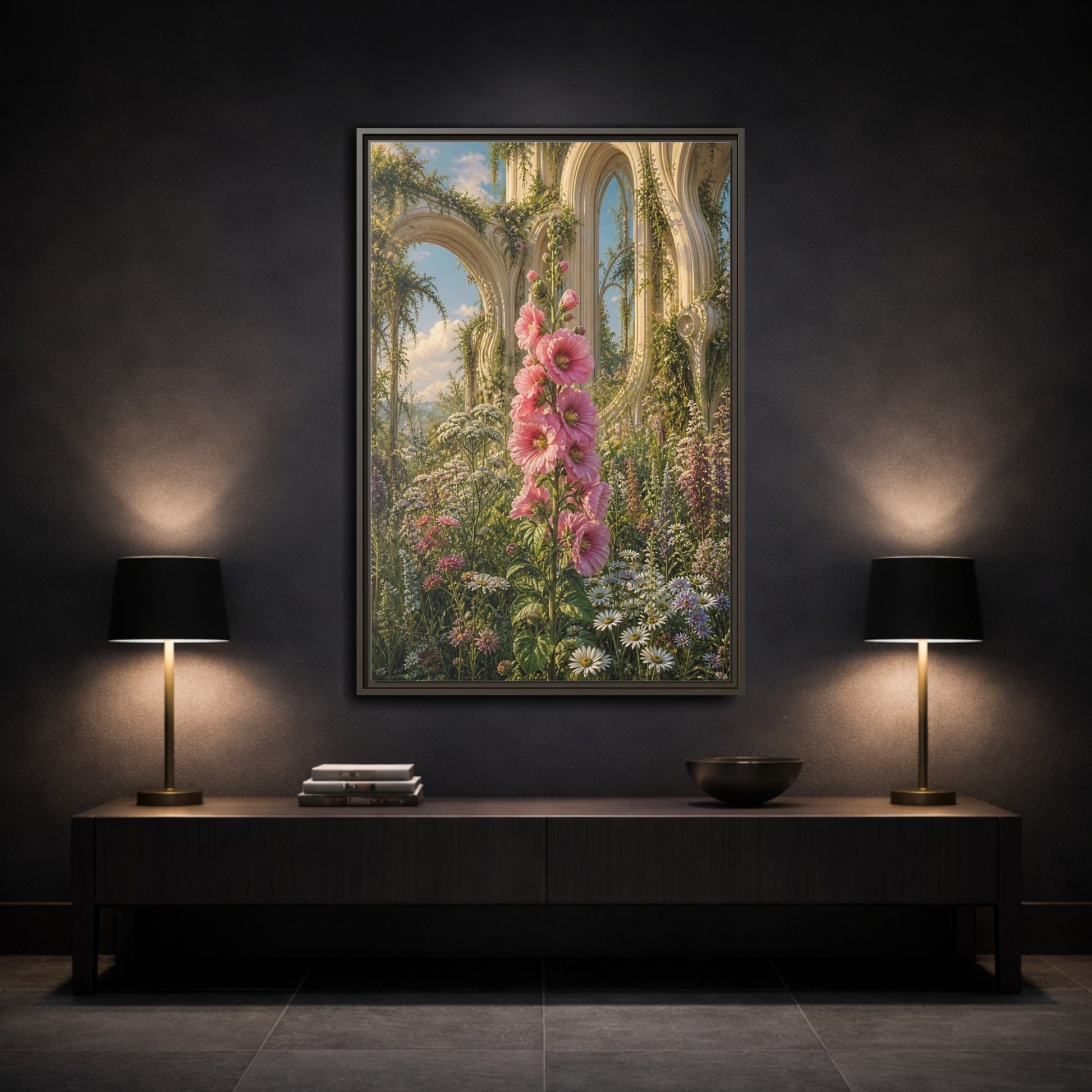 Floral Pink Hollyhocks Garden Framed Canvas Wall Art - Romantic Living Room shown as canvas wall art