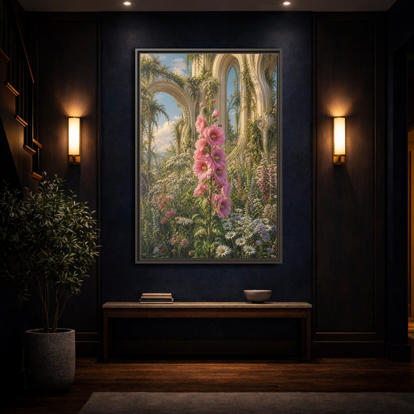 Floral Pink Hollyhocks Garden Framed Canvas Wall Art - Romantic Living Room shown as canvas wall art