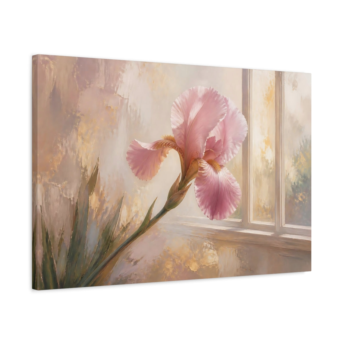 Side Mockup 2. Floral Pink Iris Pink And Gold Floral shown as stretched canvas wall art