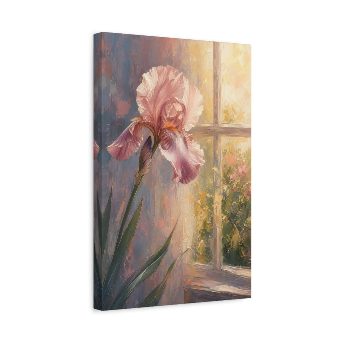 Side Mockup 4. Floral Pink Iris Pink And Warm Tones shown as stretched canvas wall art