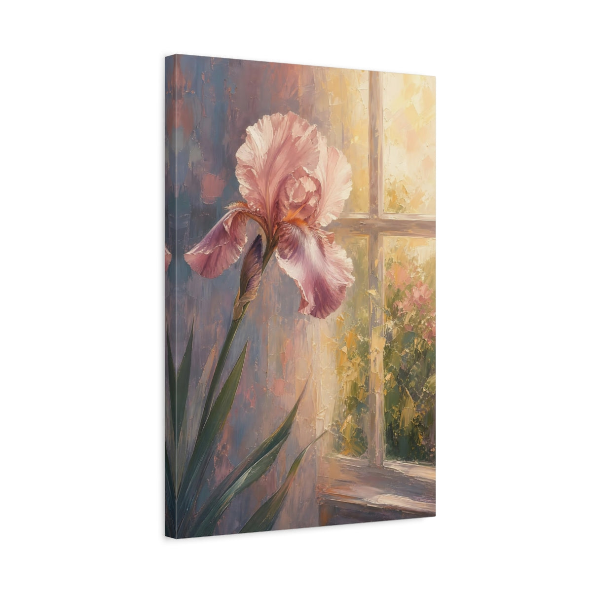 Side Mockup 3. Floral Pink Iris Pink And Warm Tones shown as stretched canvas wall art