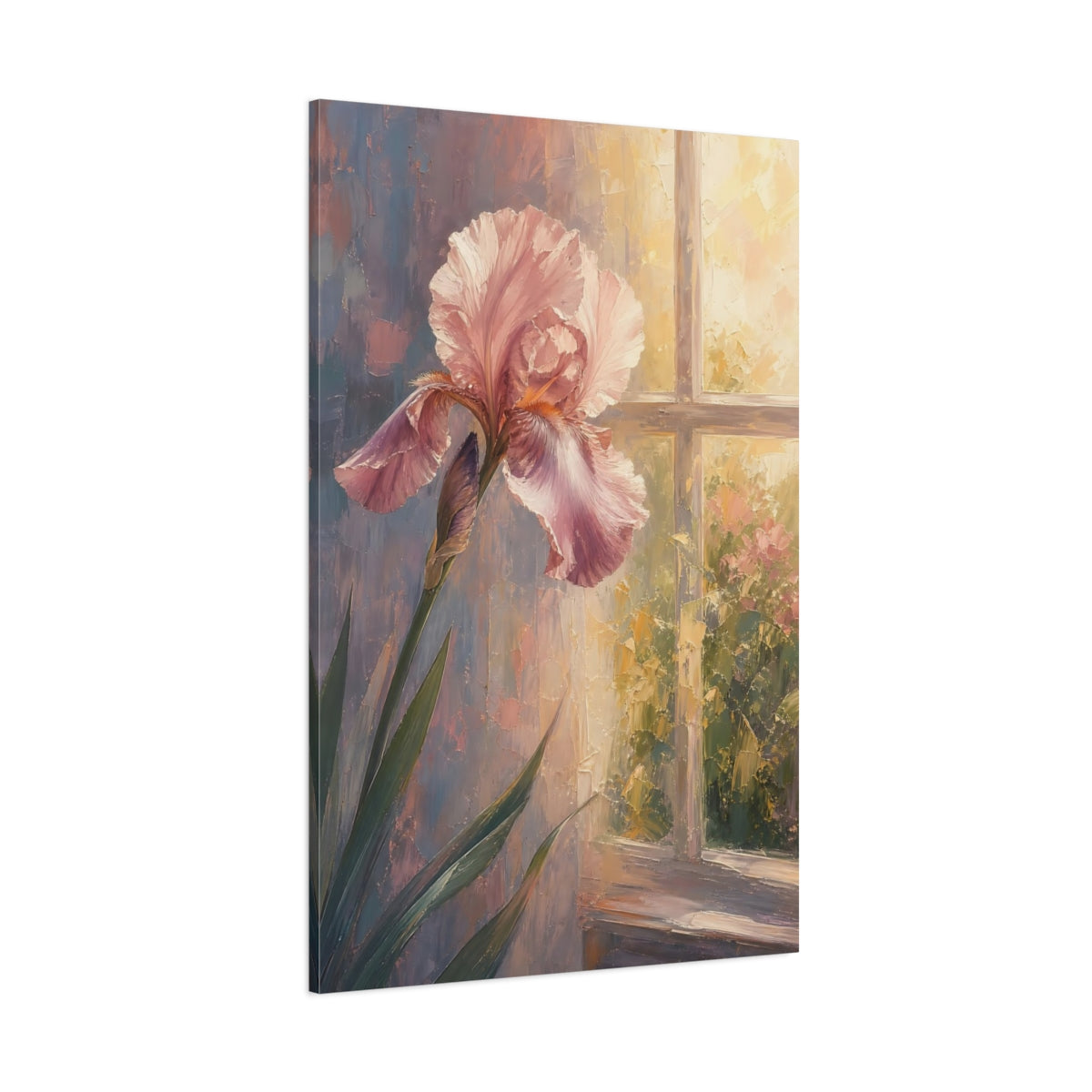 Side Mockup 1. Floral Pink Iris Pink And Warm Tones shown as stretched canvas wall art