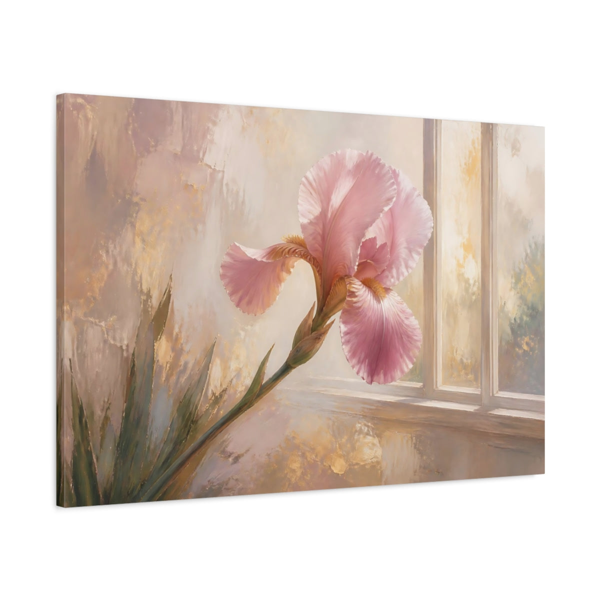 Main Mockup. Floral Pink Iris Pink And Gold Floral shown as stretched canvas wall art