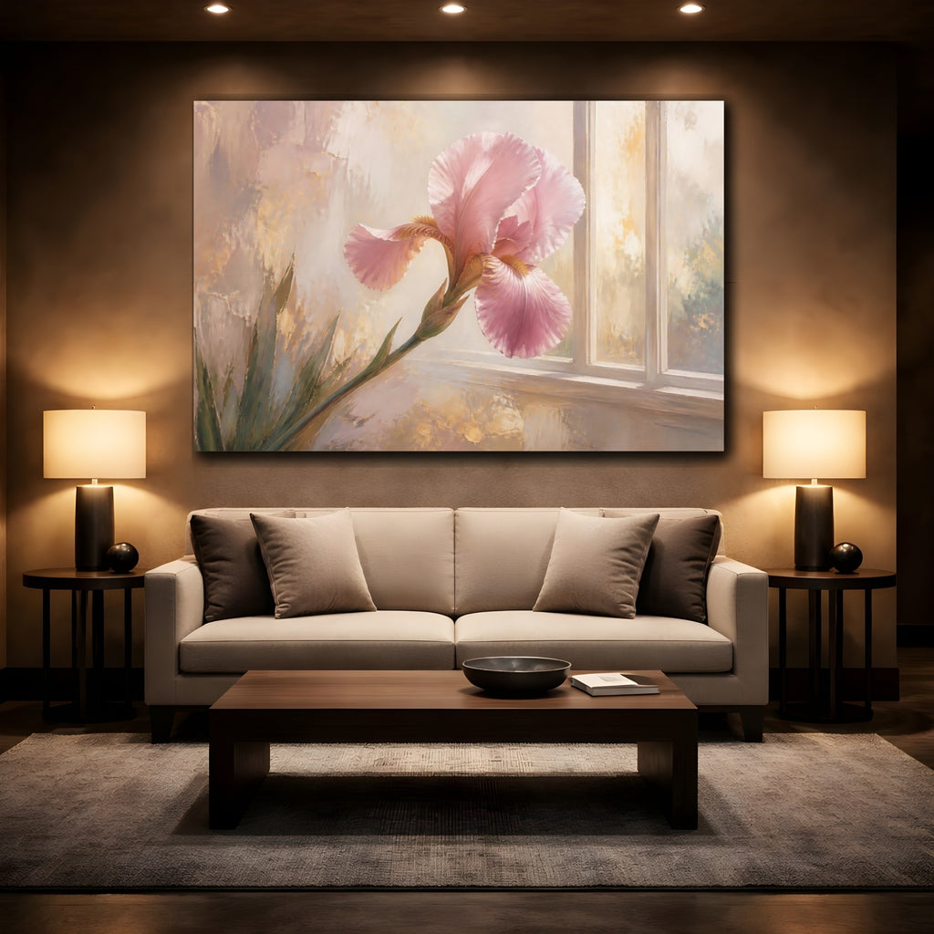 Mockup 2. Floral Pink Iris Pink And Gold Floral shown as stretched canvas wall art