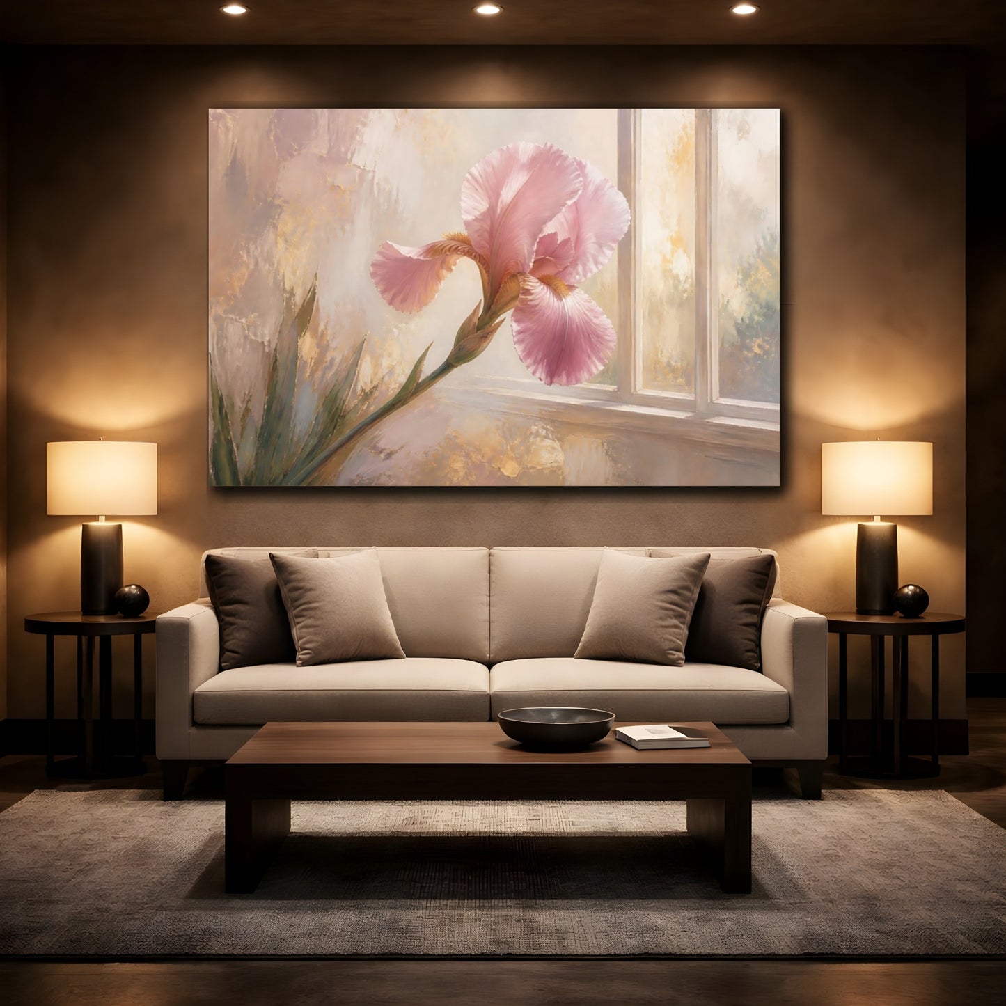 Mockup 2. Floral Pink Iris Pink And Gold Floral shown as stretched canvas wall art