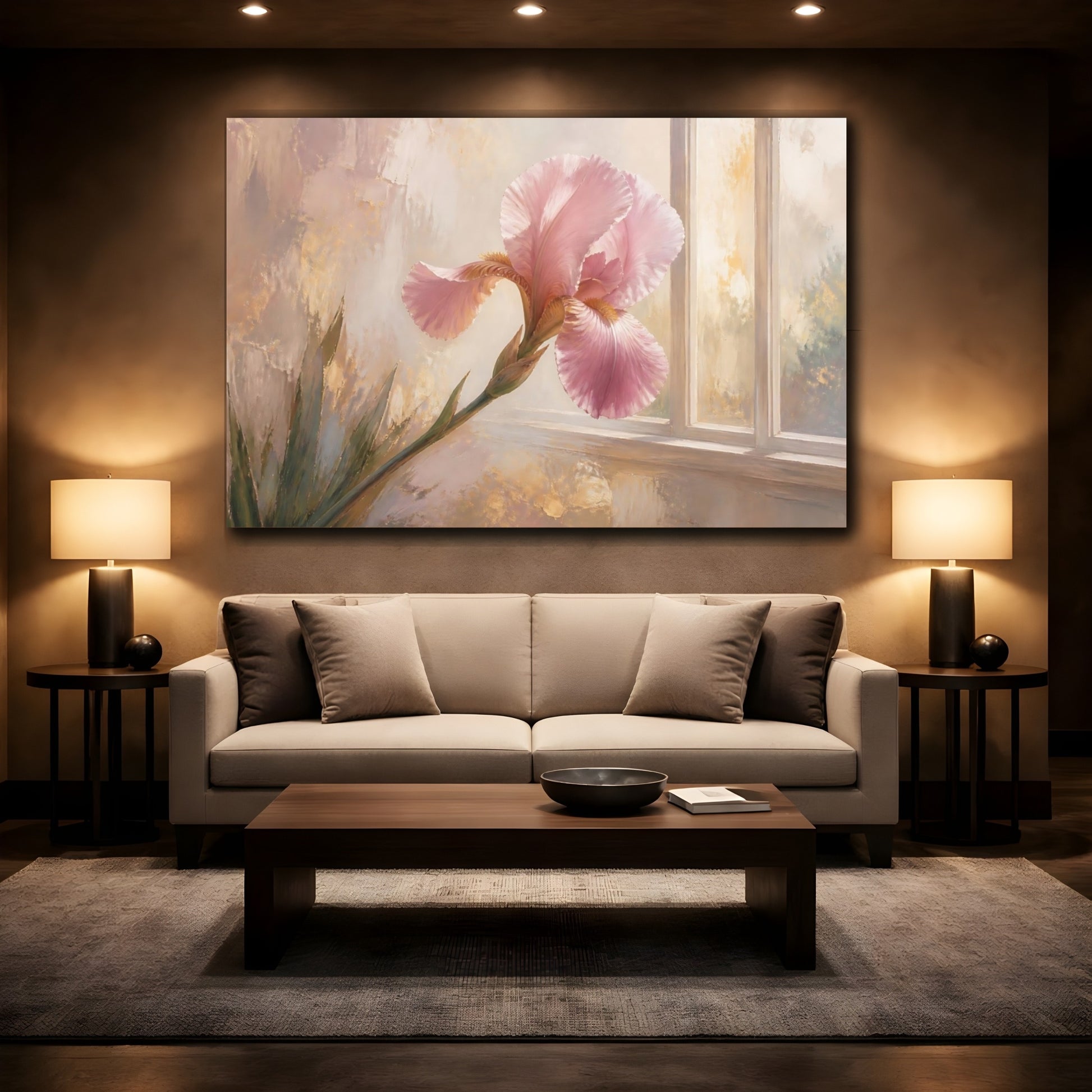 Mockup 2. Floral Pink Iris Pink And Gold Floral shown as stretched canvas wall art