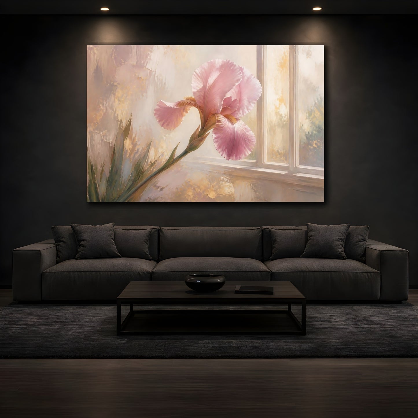 Mockup 3. Floral Pink Iris Pink And Gold Floral shown as stretched canvas wall art