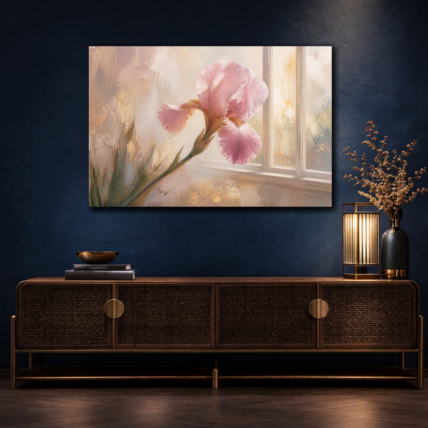 Mockup 4. Floral Pink Iris Pink And Gold Floral shown as stretched canvas wall art