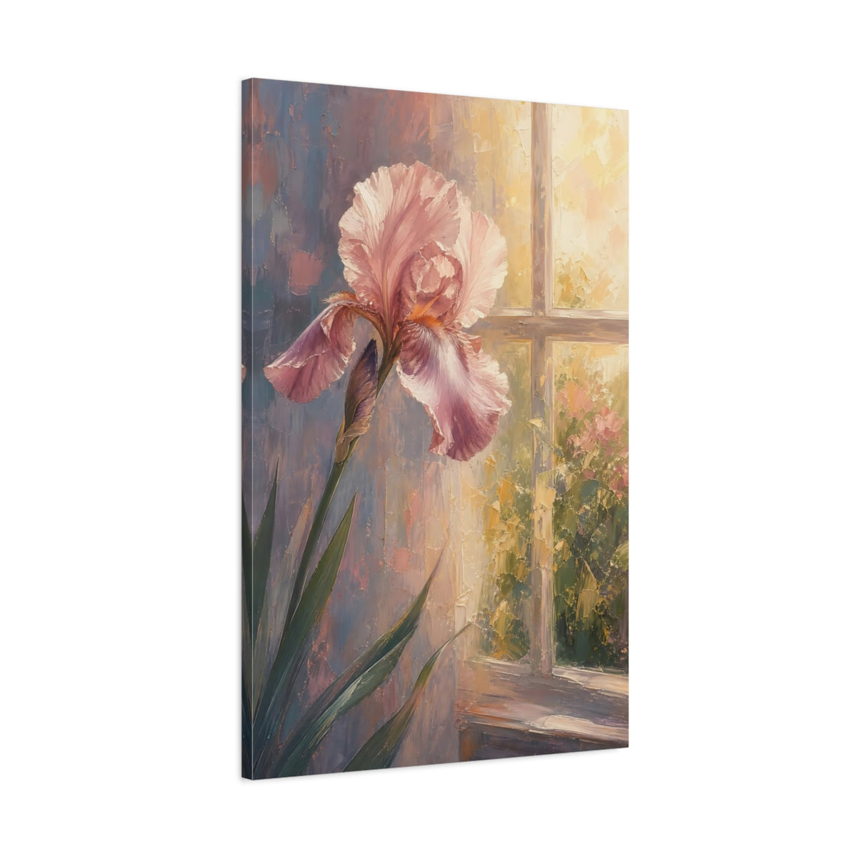 Main Mockup. Floral Pink Iris Pink And Warm Tones shown as stretched canvas wall art