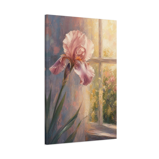Main Mockup. Floral Pink Iris Pink And Warm Tones shown as stretched canvas wall art