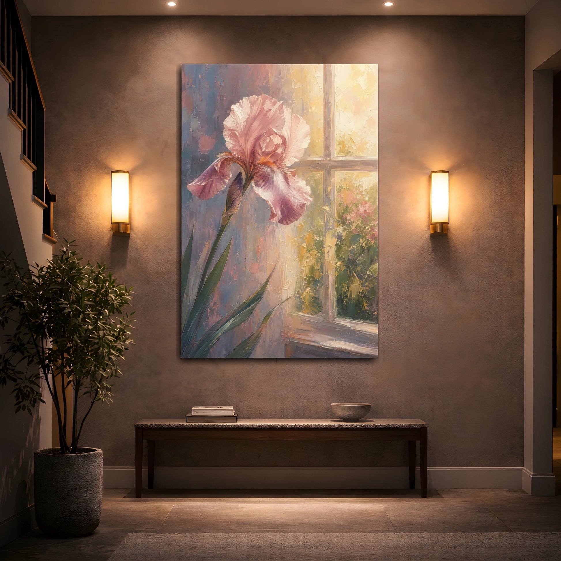Mockup 2. Floral Pink Iris Pink And Warm Tones shown as stretched canvas wall art