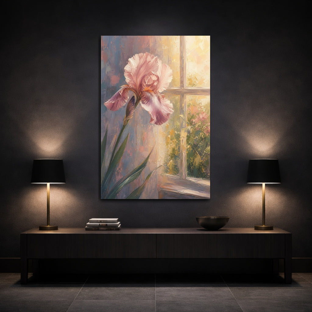 Mockup 3. Floral Pink Iris Pink And Warm Tones shown as stretched canvas wall art