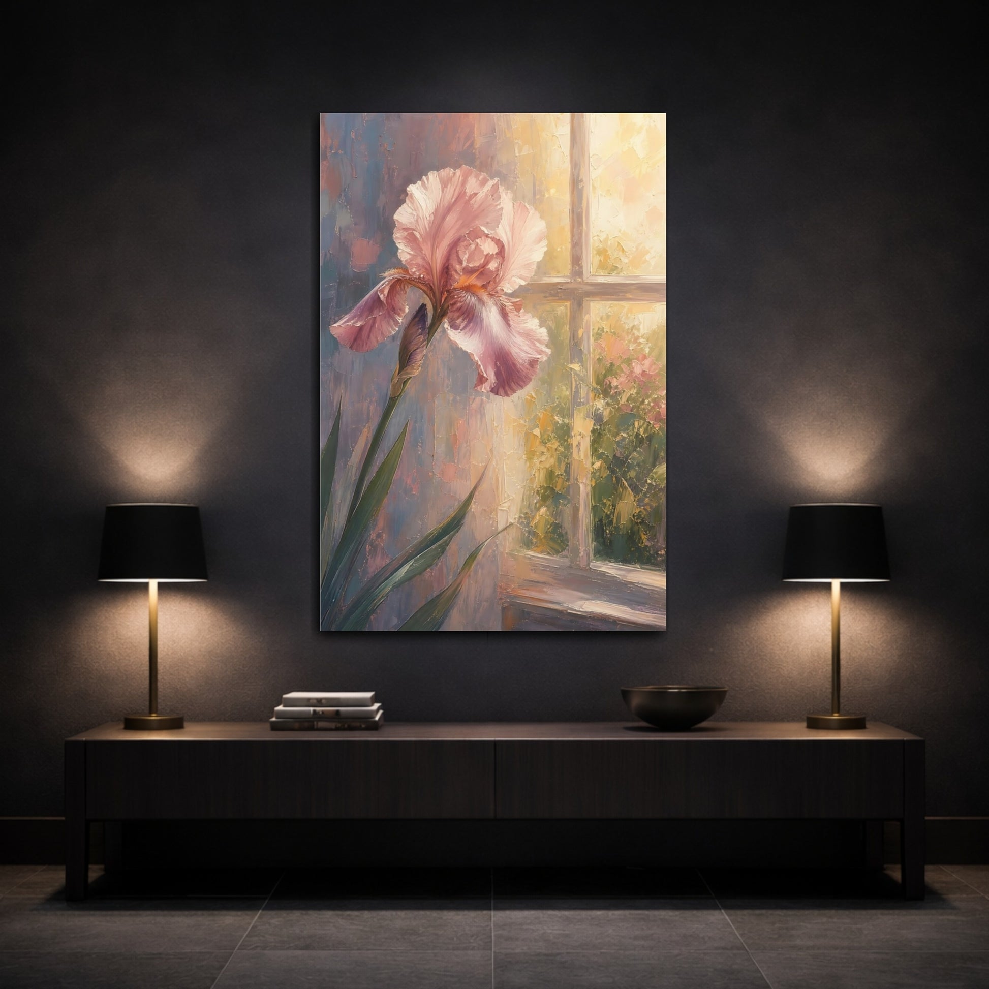 Mockup 3. Floral Pink Iris Pink And Warm Tones shown as stretched canvas wall art