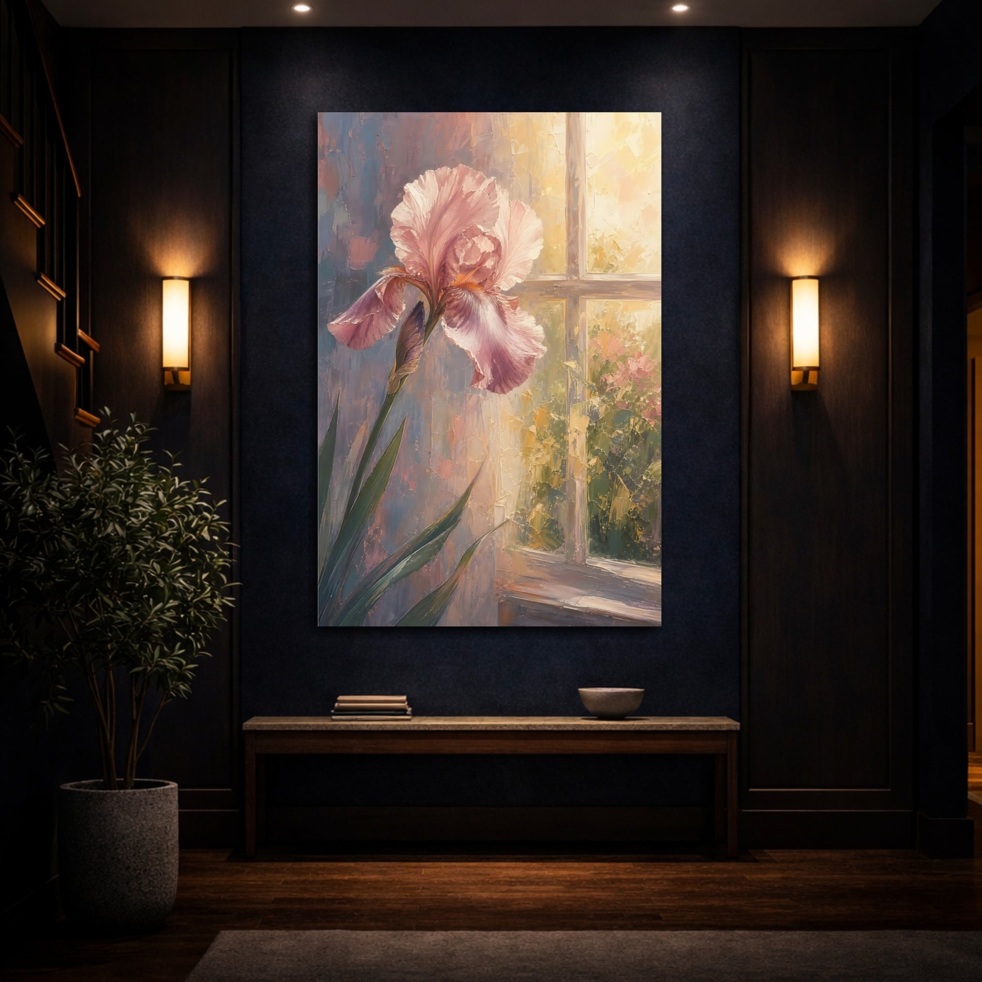 Mockup 4. Floral Pink Iris Pink And Warm Tones shown as stretched canvas wall art