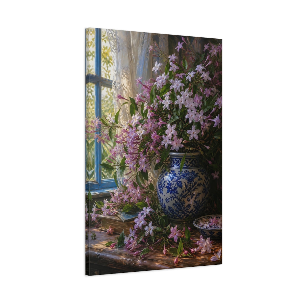 Main Mockup. Floral Pink Jasmine Pink Floral Still Life shown as stretched canvas wall art