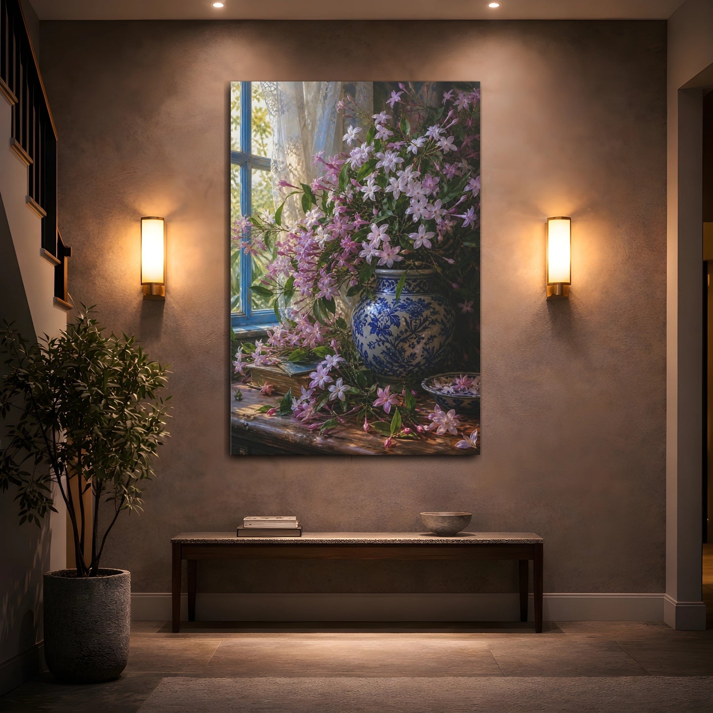 Mockup 2. Floral Pink Jasmine Pink Floral Still Life shown as stretched canvas wall art