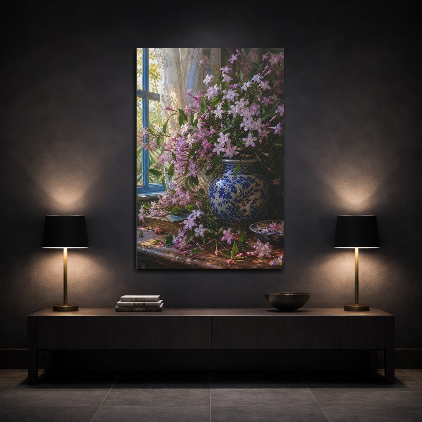 Mockup 3. Floral Pink Jasmine Pink Floral Still Life shown as stretched canvas wall art