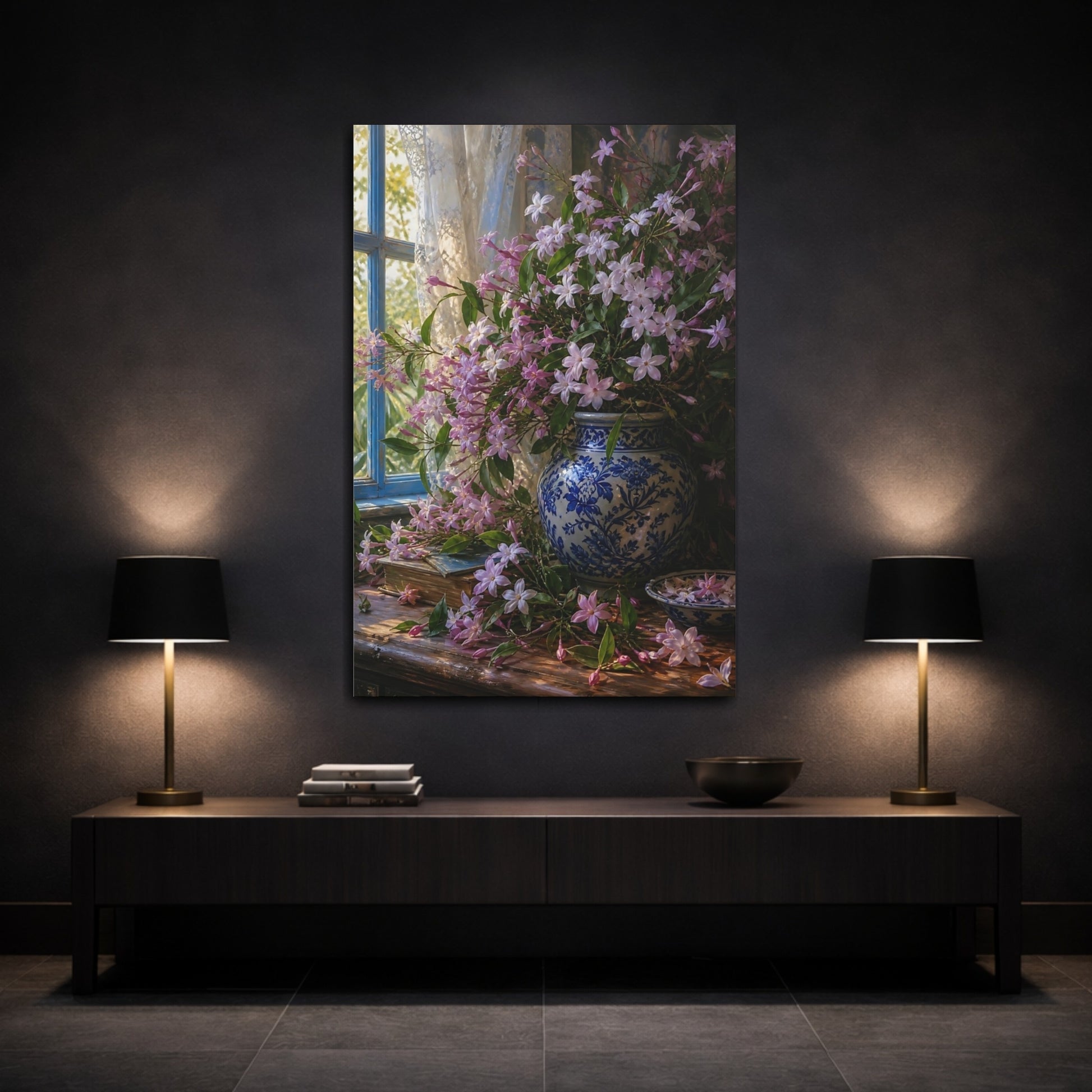 Mockup 3. Floral Pink Jasmine Pink Floral Still Life shown as stretched canvas wall art