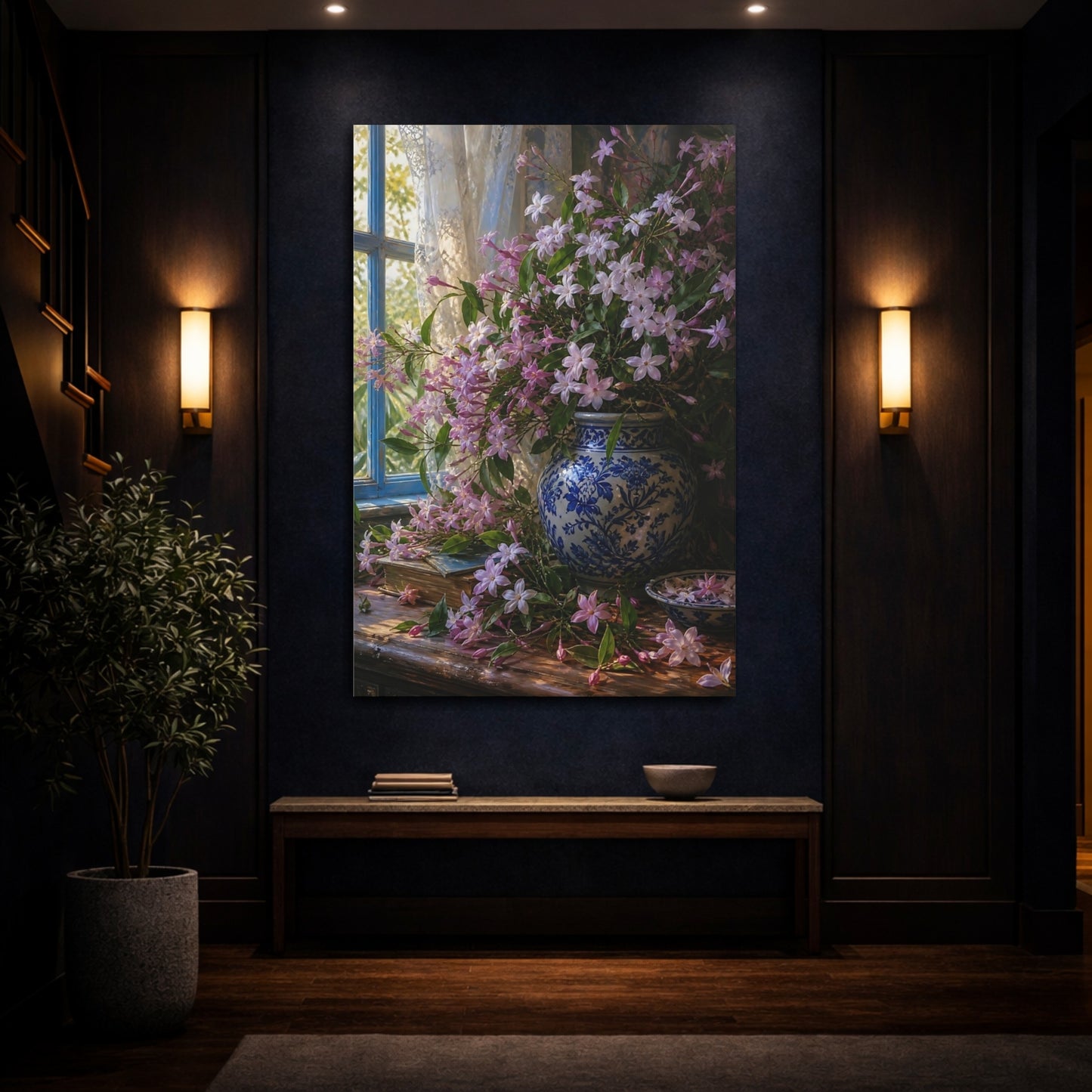 Mockup 4. Floral Pink Jasmine Pink Floral Still Life shown as stretched canvas wall art