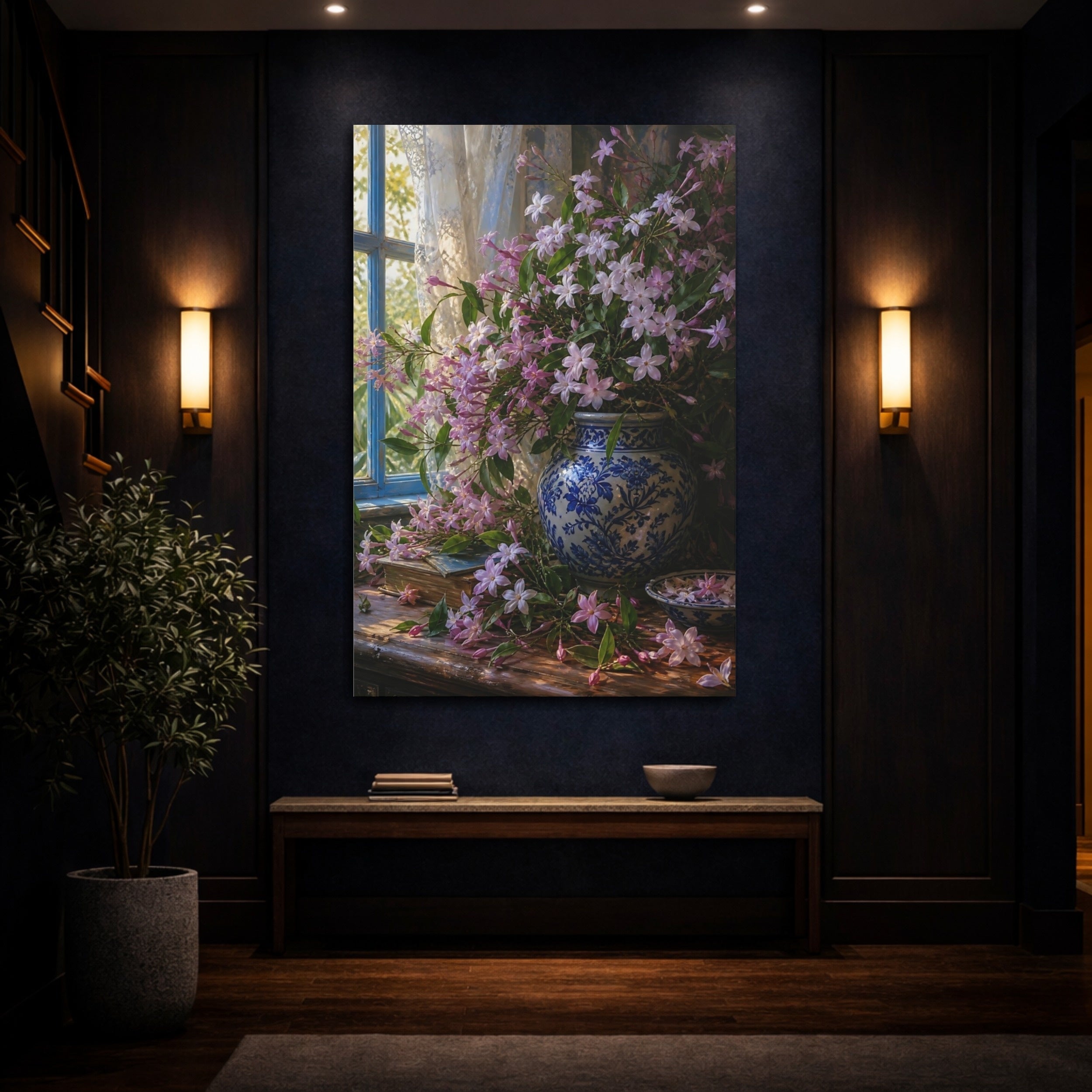 Mockup 4. Floral Pink Jasmine Pink Floral Still Life shown as stretched canvas wall art