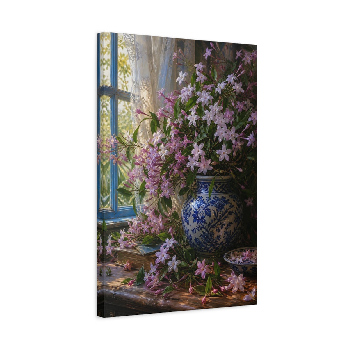 Side Mockup 3. Floral Pink Jasmine Pink Floral Still Life shown as stretched canvas wall art