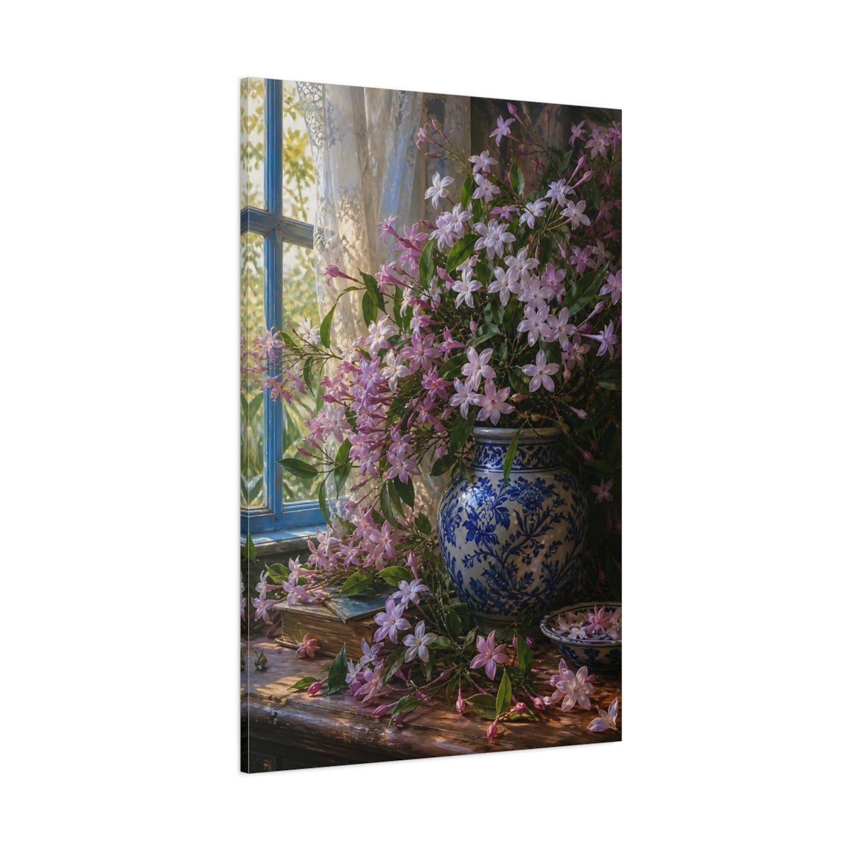 Side Mockup 1. Floral Pink Jasmine Pink Floral Still Life shown as stretched canvas wall art