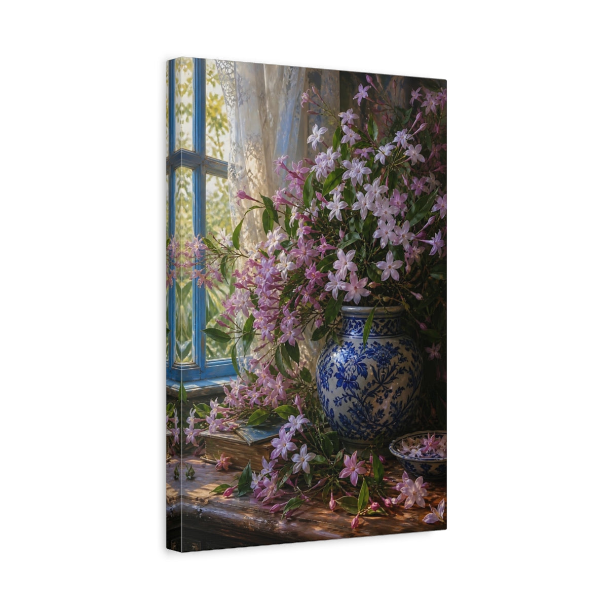 Side Mockup 4. Floral Pink Jasmine Pink Floral Still Life shown as stretched canvas wall art