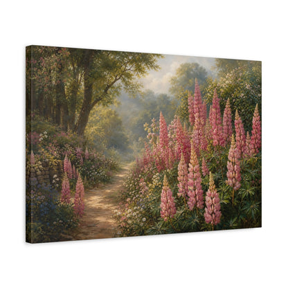 Side Mockup 3. Floral Pink Lupins Pink Floral Landscape shown as stretched canvas wall art
