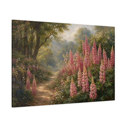 Side Mockup 1. Floral Pink Lupins Pink Floral Landscape shown as stretched canvas wall art