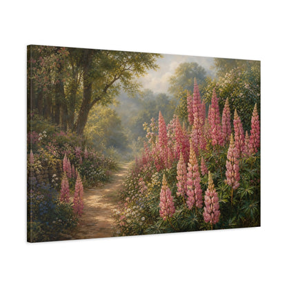Main Mockup. Floral Pink Lupins Pink Floral Landscape shown as stretched canvas wall art