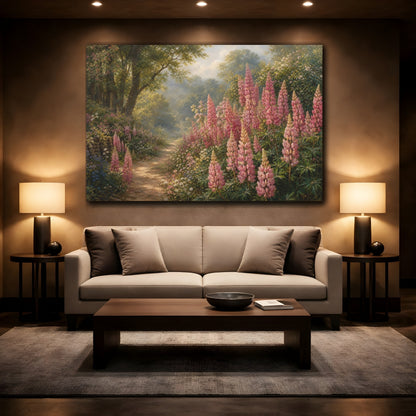 Mockup 2. Floral Pink Lupins Pink Floral Landscape shown as stretched canvas wall art