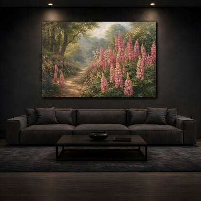Mockup 3. Floral Pink Lupins Pink Floral Landscape shown as stretched canvas wall art