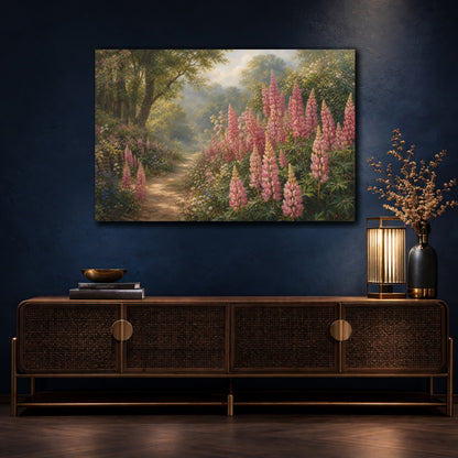 Mockup 4. Floral Pink Lupins Pink Floral Landscape shown as stretched canvas wall art