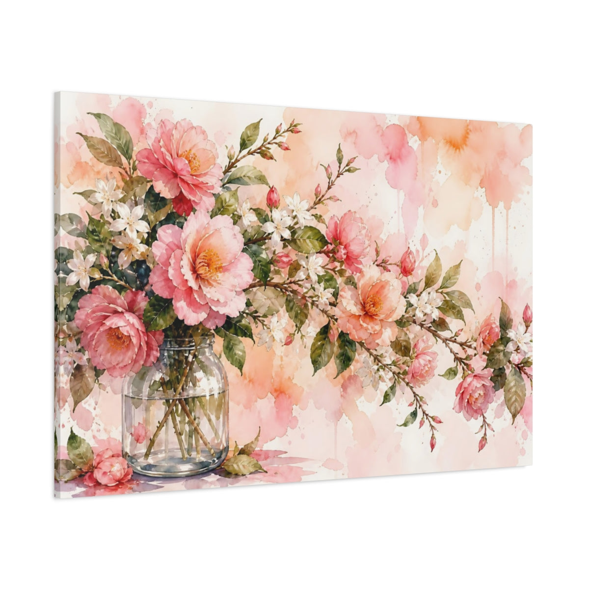 Side Mockup 1. Floral Pink Peonies Pink And Green Floral shown as stretched canvas wall art