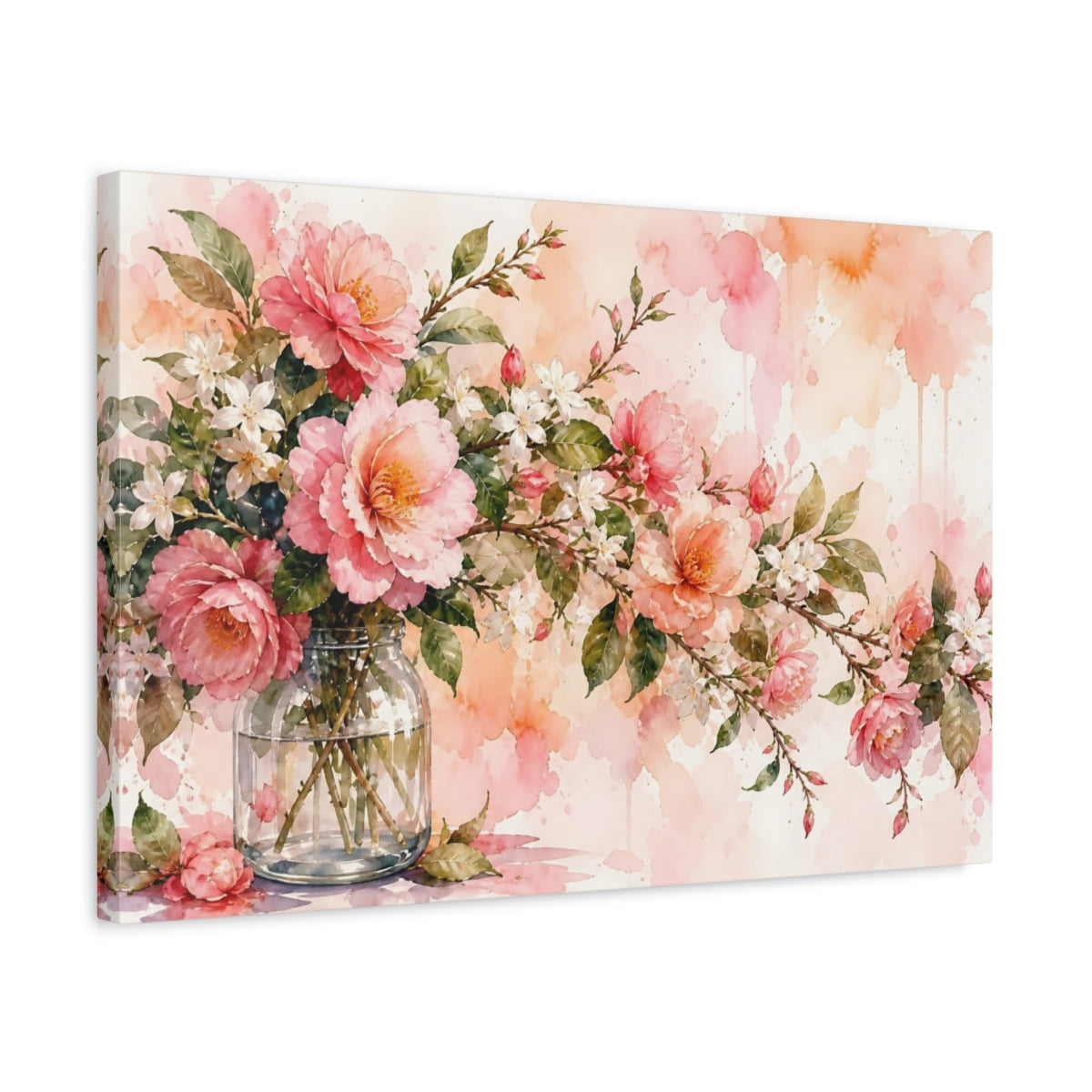 Side Mockup 3. Floral Pink Peonies Pink And Green Floral shown as stretched canvas wall art