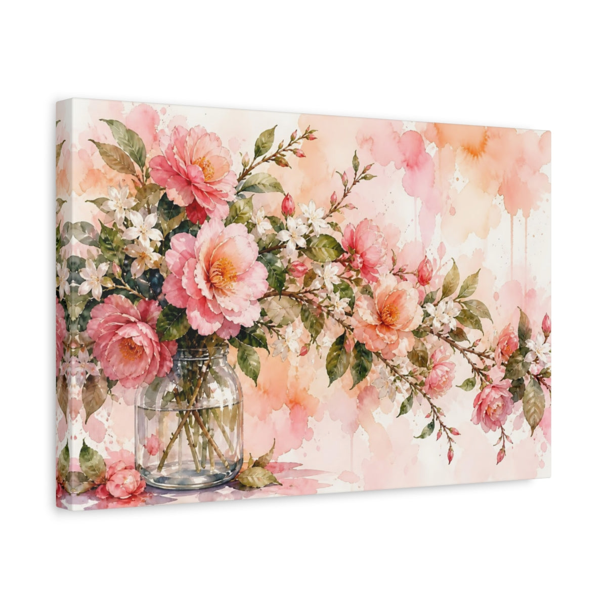 Side Mockup 4. Floral Pink Peonies Pink And Green Floral shown as stretched canvas wall art