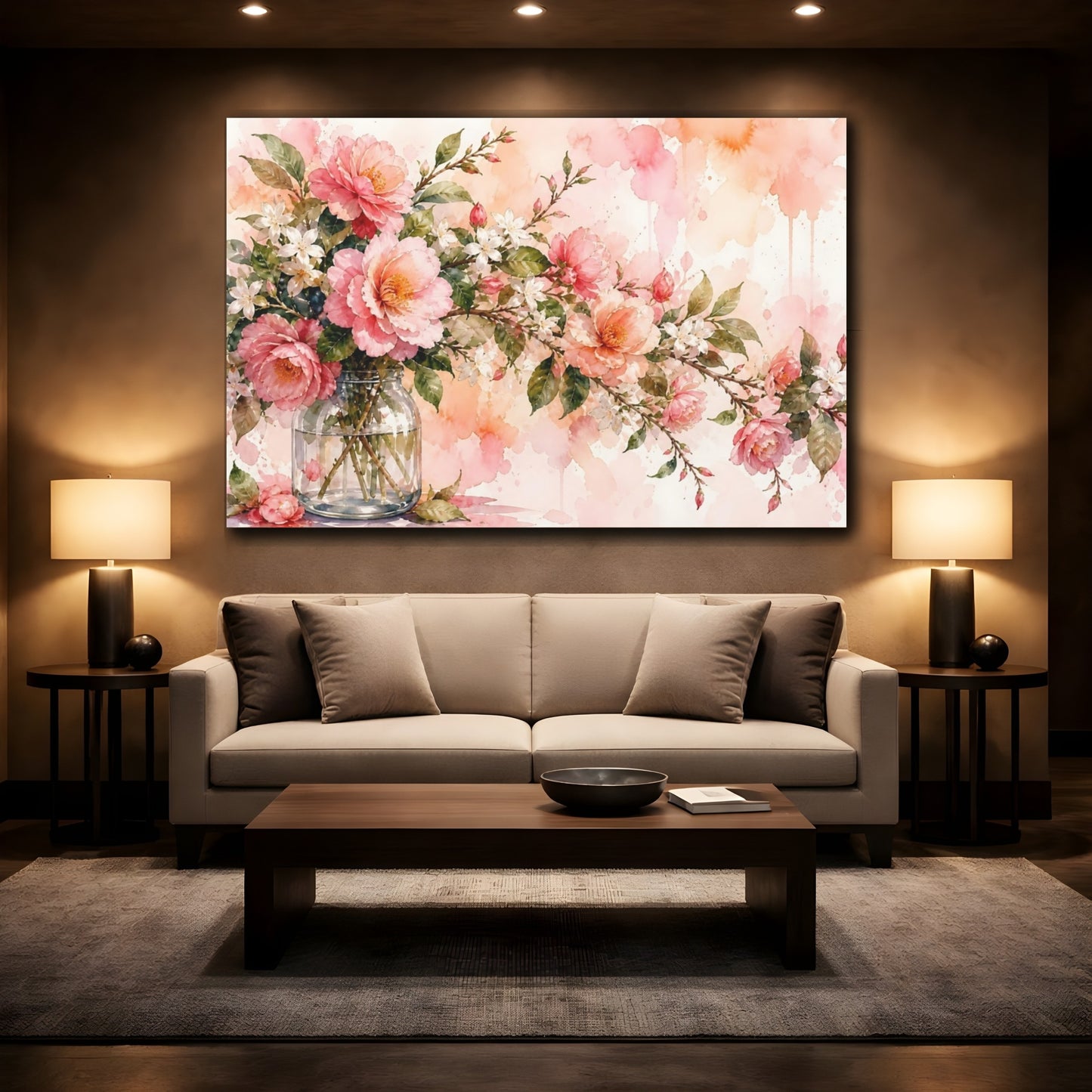 Mockup 2. Floral Pink Peonies Pink And Green Floral shown as stretched canvas wall art