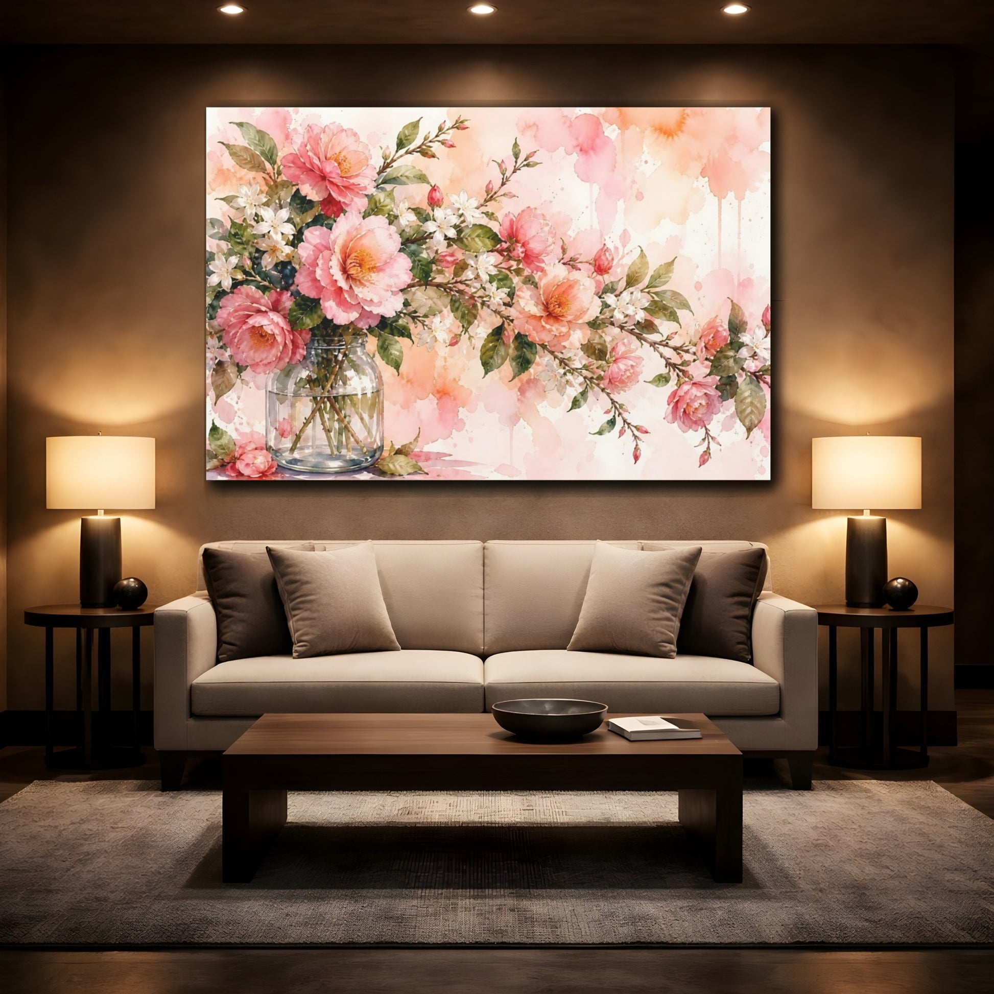 Mockup 2. Floral Pink Peonies Pink And Green Floral shown as stretched canvas wall art