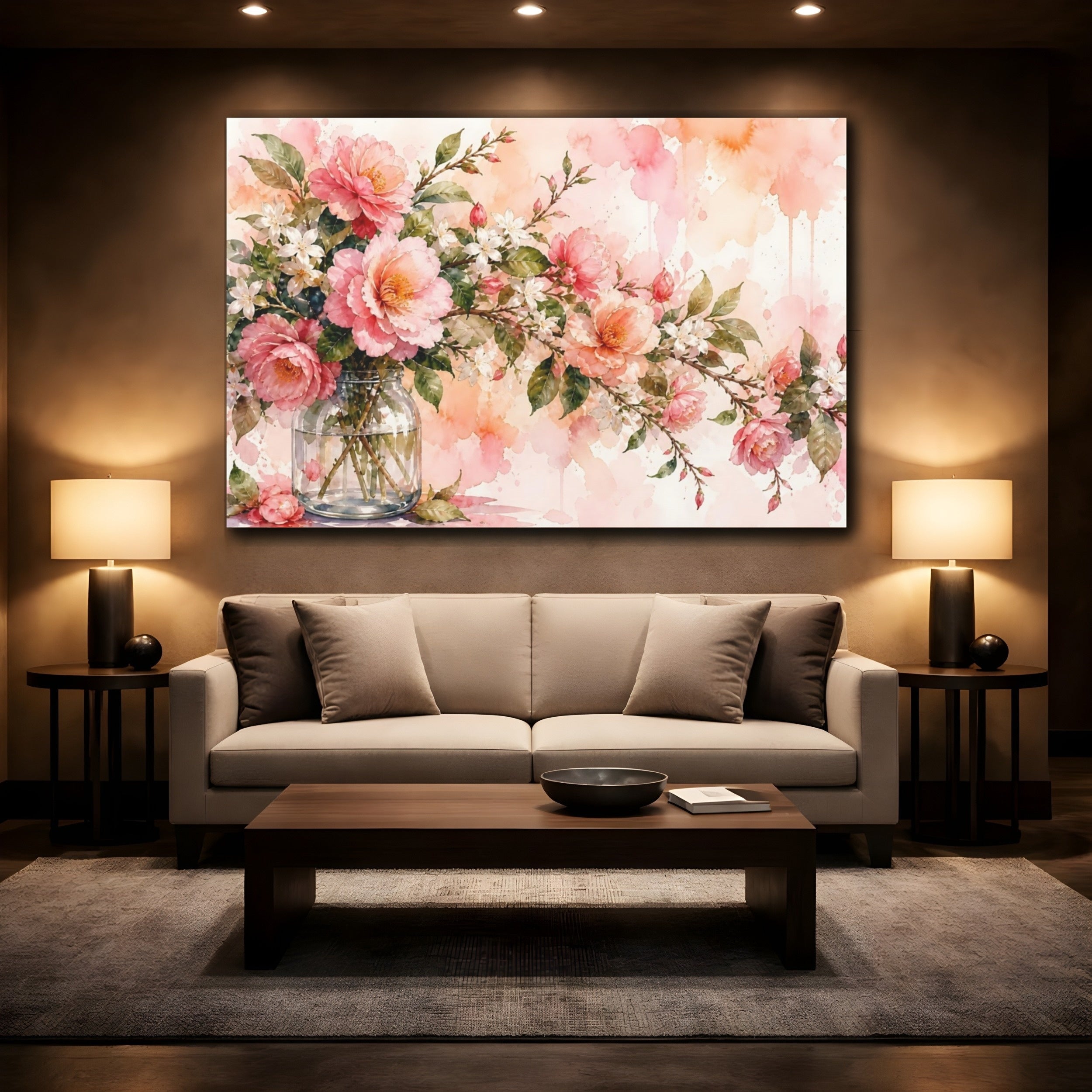 Mockup 2. Floral Pink Peonies Pink And Green Floral shown as stretched canvas wall art