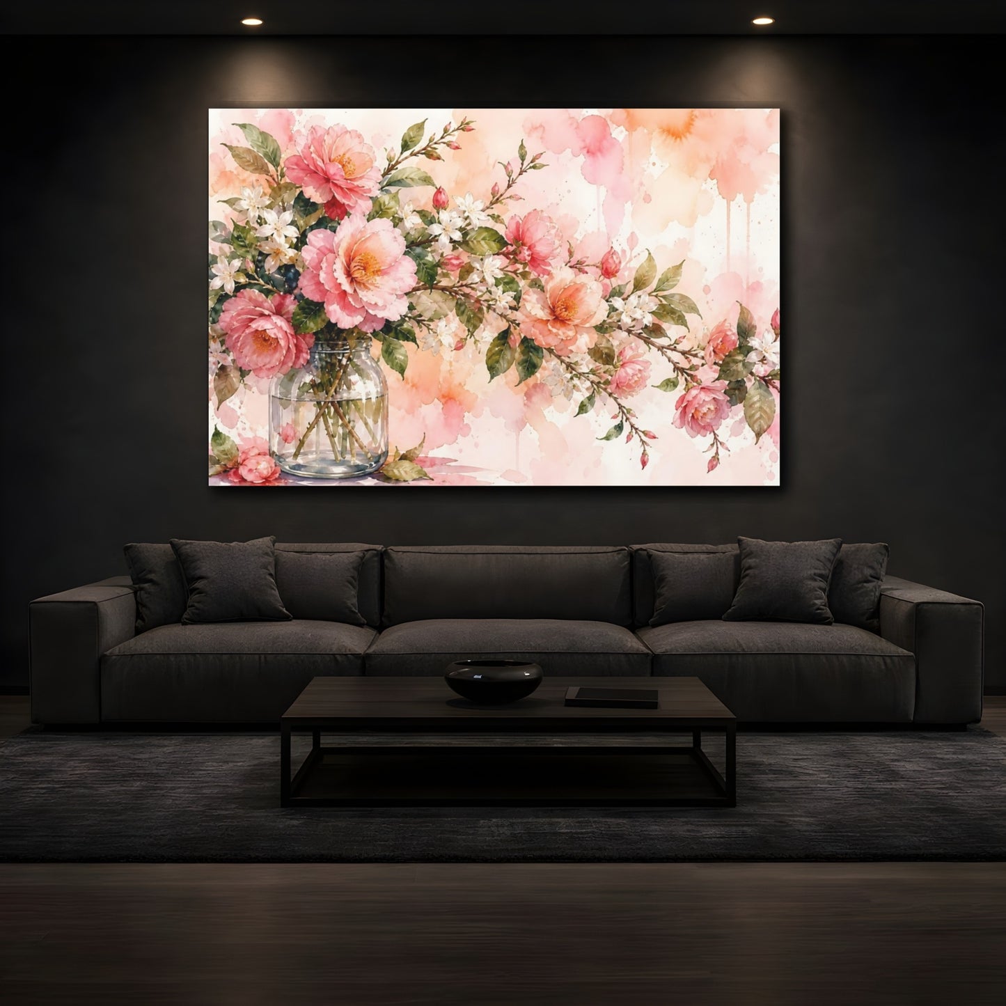 Mockup 3. Floral Pink Peonies Pink And Green Floral shown as stretched canvas wall art