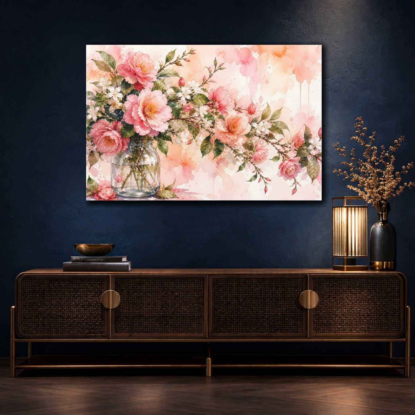 Mockup 4. Floral Pink Peonies Pink And Green Floral shown as stretched canvas wall art