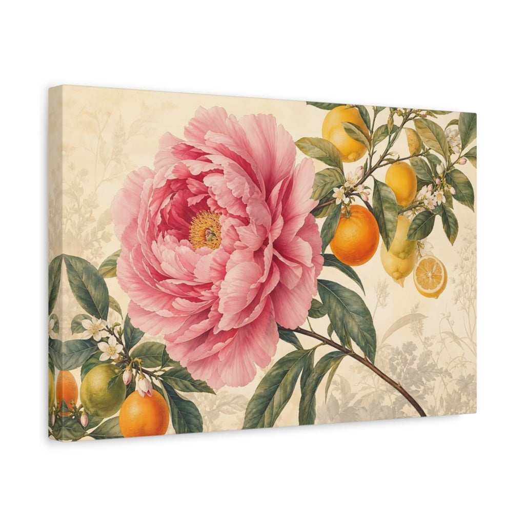 Side Mockup 4. Floral Pink Peony Pink Floral Citrus shown as stretched canvas wall art