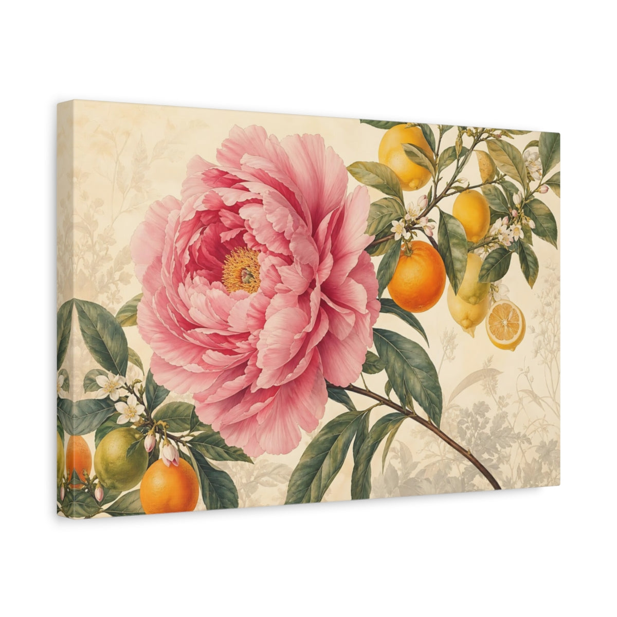 Side Mockup 4. Floral Pink Peony Pink Floral Citrus shown as stretched canvas wall art