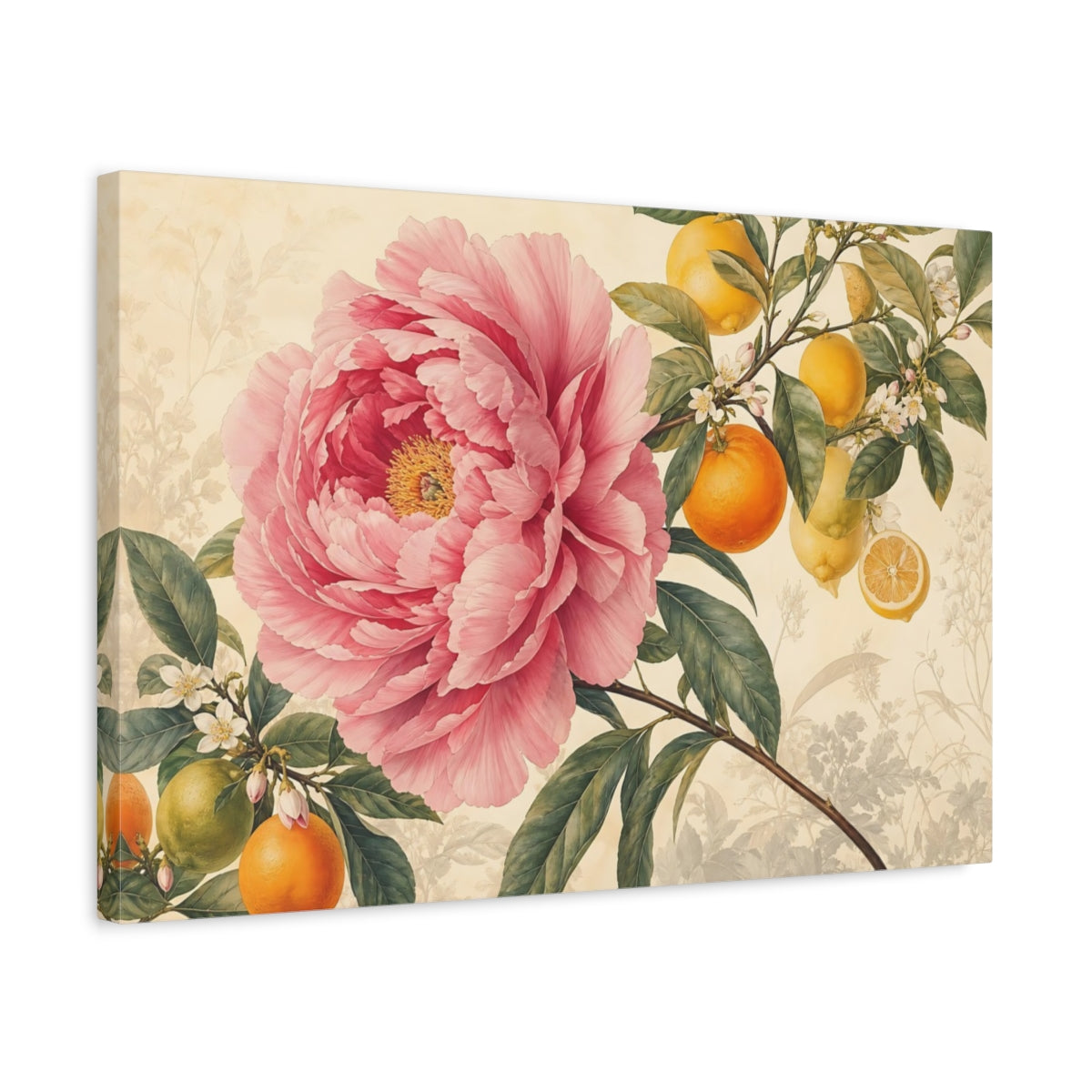Side Mockup 3. Floral Pink Peony Pink Floral Citrus shown as stretched canvas wall art