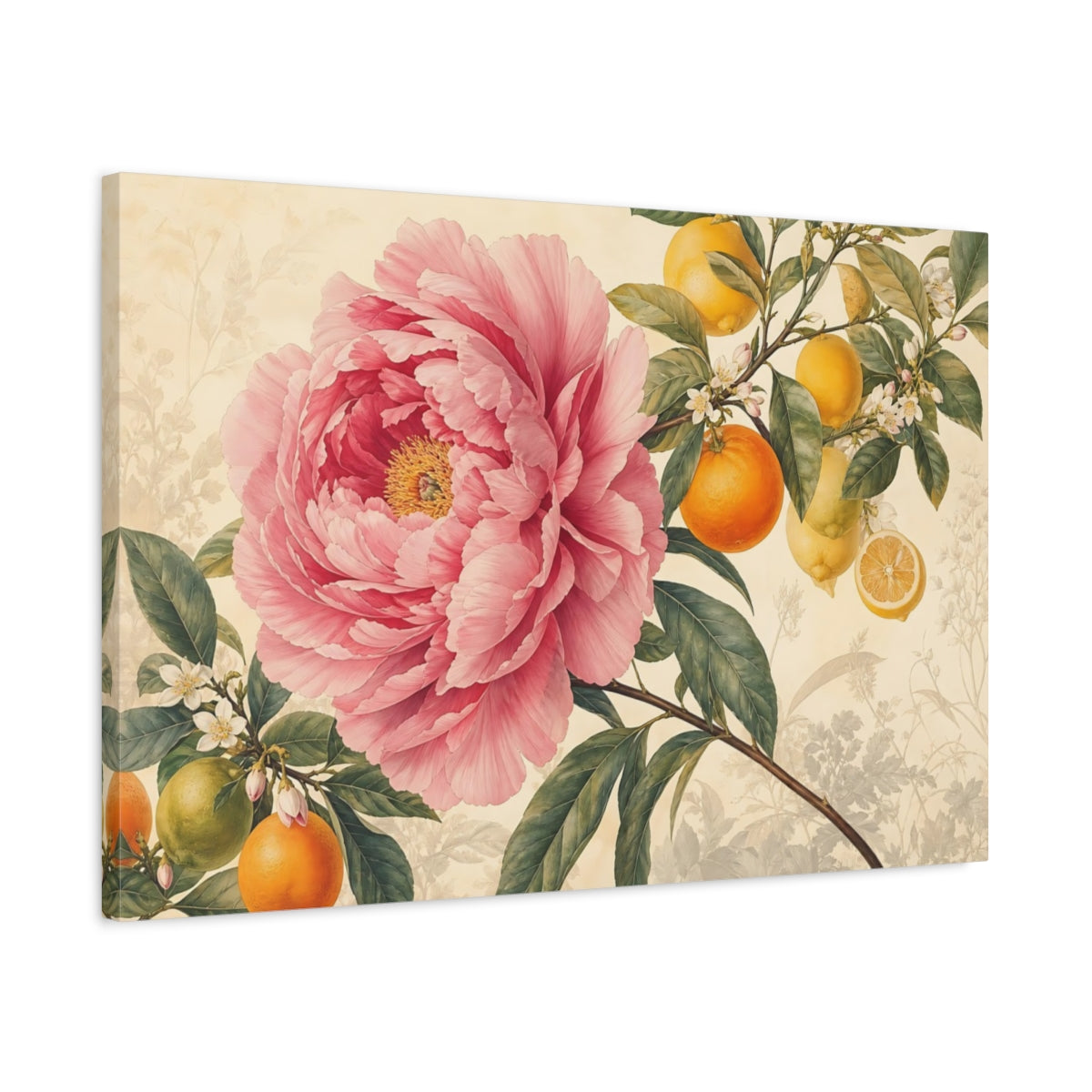 Side Mockup 2. Floral Pink Peony Pink Floral Citrus shown as stretched canvas wall art