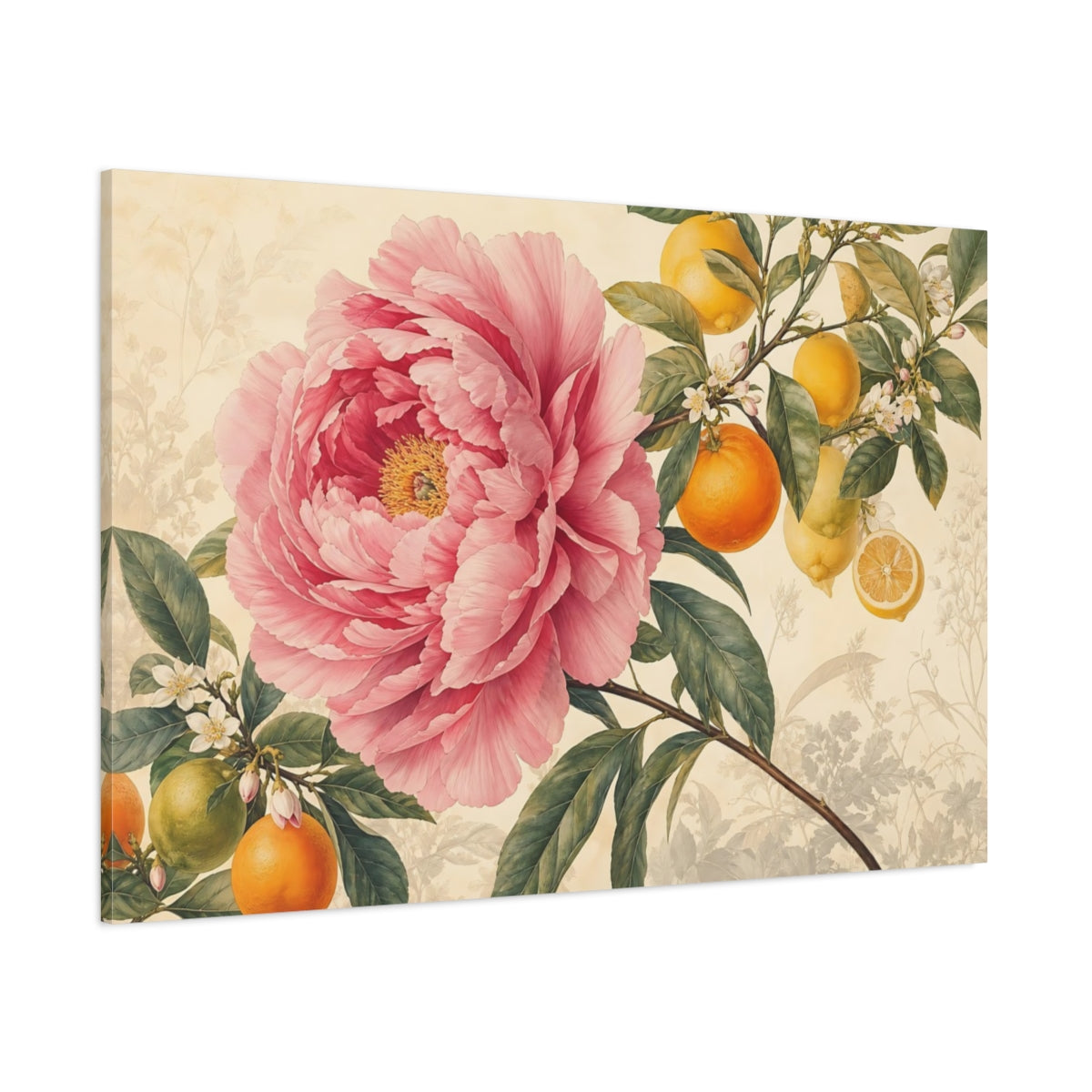 Side Mockup 1. Floral Pink Peony Pink Floral Citrus shown as stretched canvas wall art