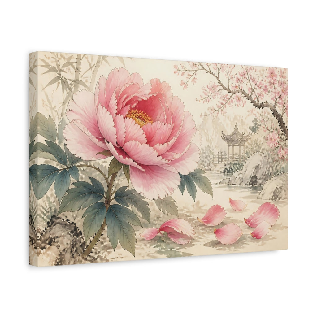 Side Mockup 4. Floral Pink Peony Pink Floral Landscape shown as stretched canvas wall art