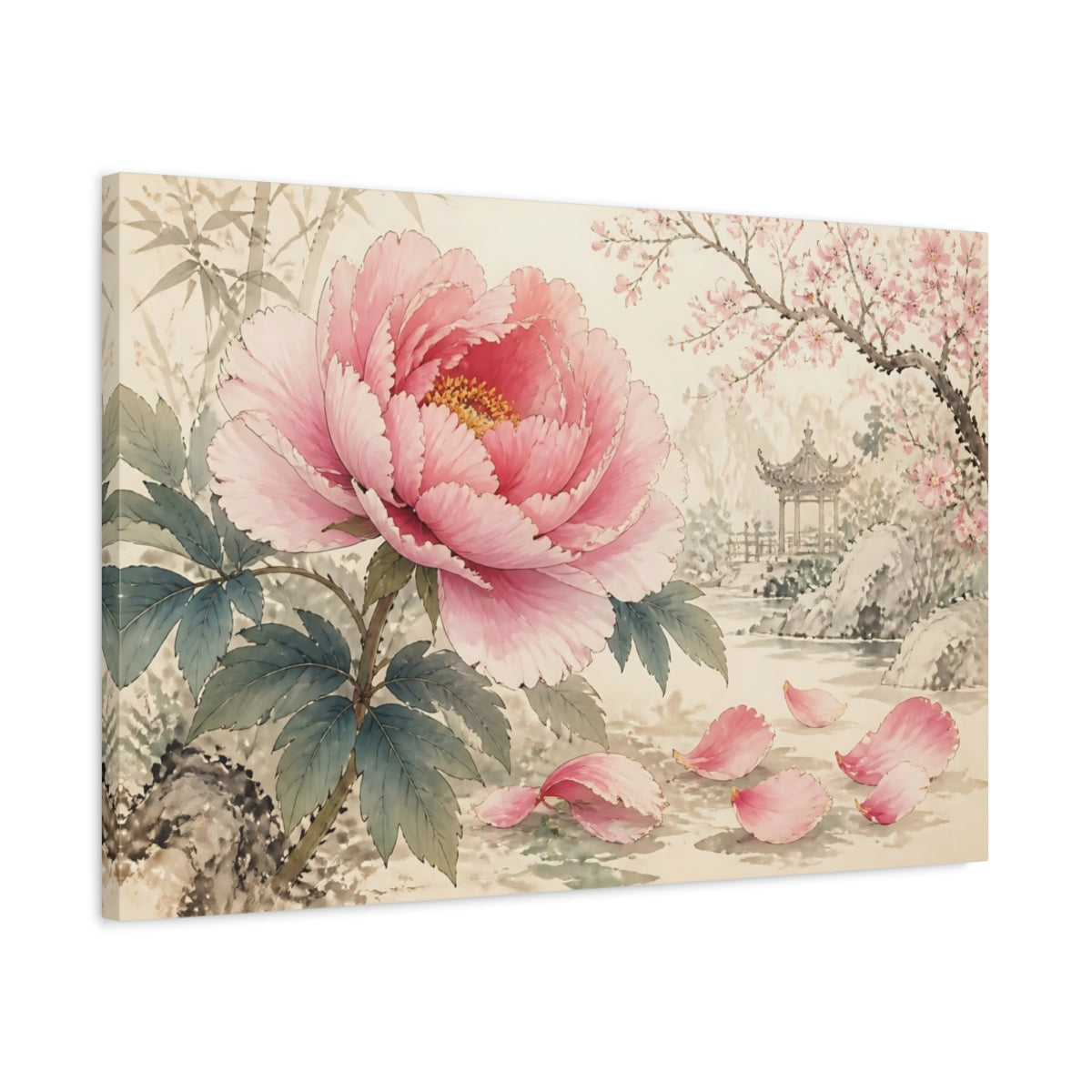 Side Mockup 2. Floral Pink Peony Pink Floral Landscape shown as stretched canvas wall art