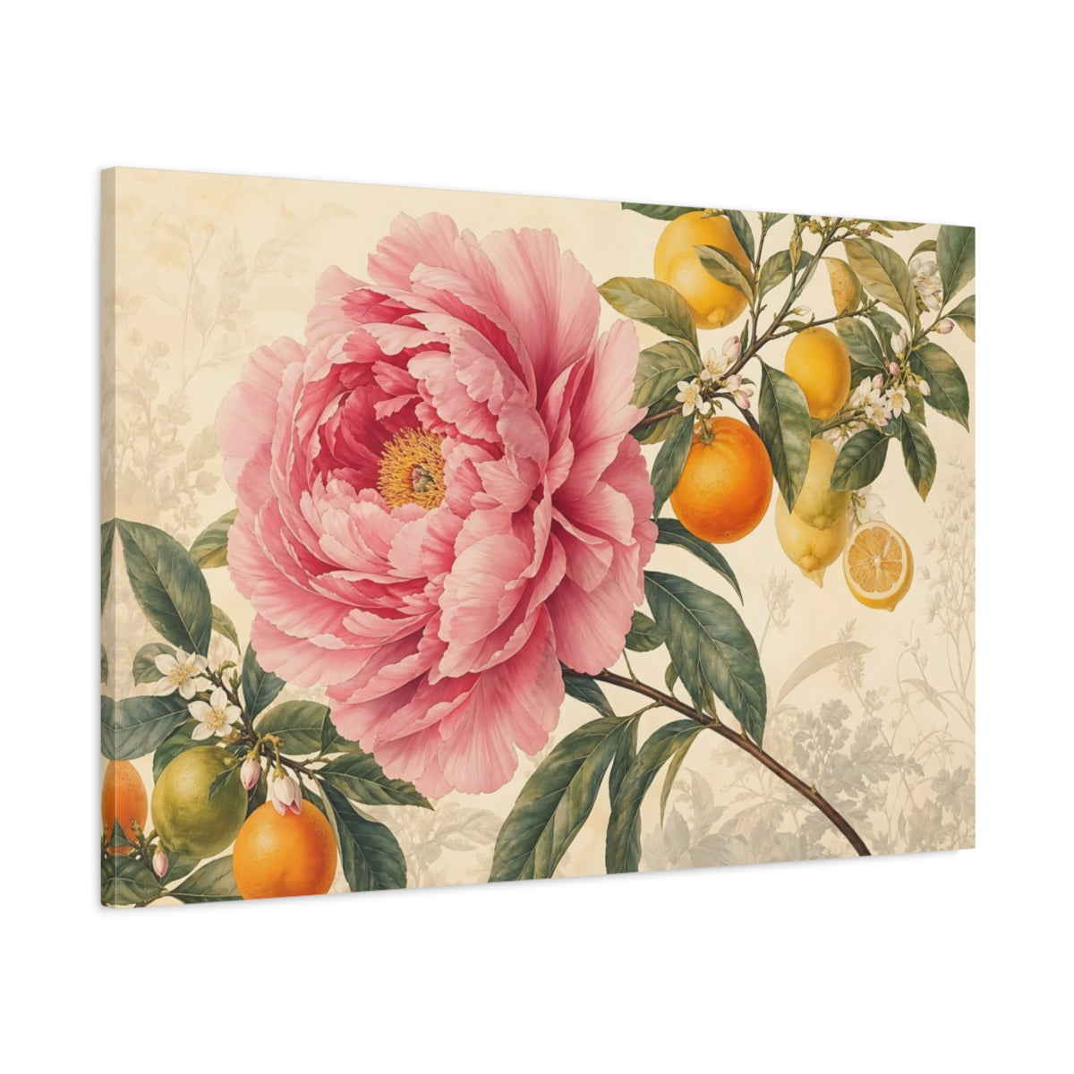Main Mockup. Floral Pink Peony Pink Floral Citrus shown as stretched canvas wall art